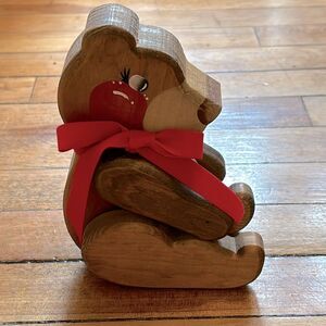 Vintage Hand Painted Wooden Jointed Sitting Teddy Bear with Red Bow- Shelf Decor